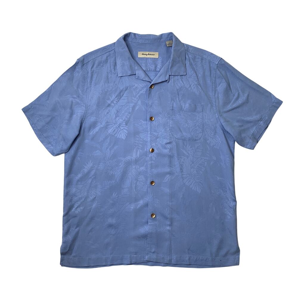 Tommy Bahama Shirt Mens L Large Candy Blue Azule Jacquard Botanical Leaf Camp